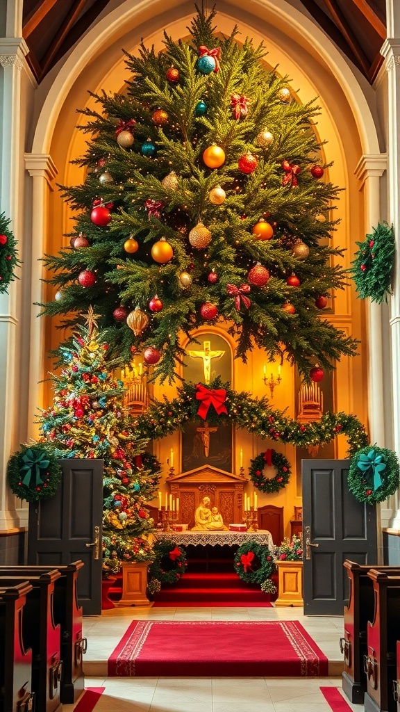 A church interior decorated for Christmas with a large tree, garlands, candles, and a nativity scene.